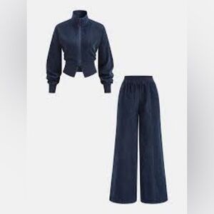 Commense Dark Blue Two-Piece Velvet Zip-Up Jacket & Wide-Leg Pants Set